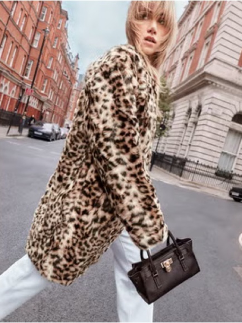 Leopard Print Faux Fur Long Coat - Women
